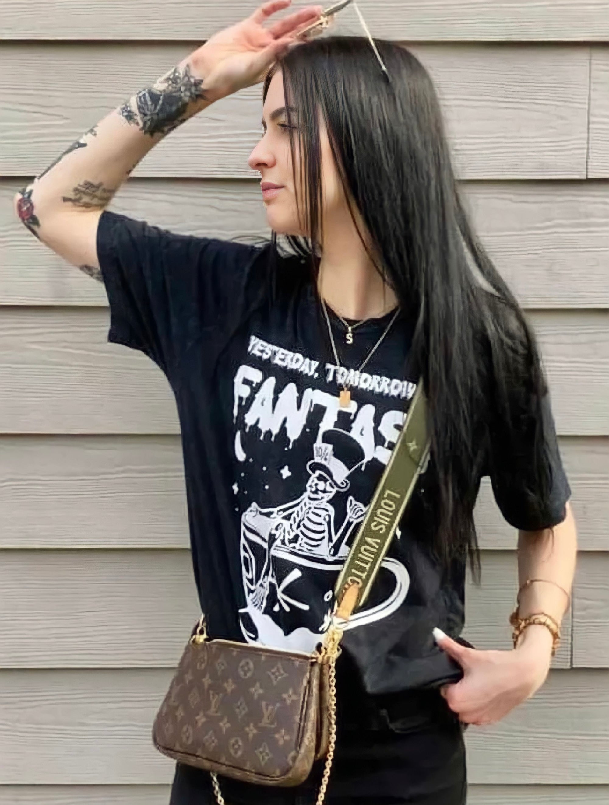 Our Mad Tea Party shirt is screen printed on a black mineral wash tee. We designed this tea with the phrase "Yesterday, Tomorrow and Fantasy" with the Mad Hatter skeleton in a spinning tea cup.