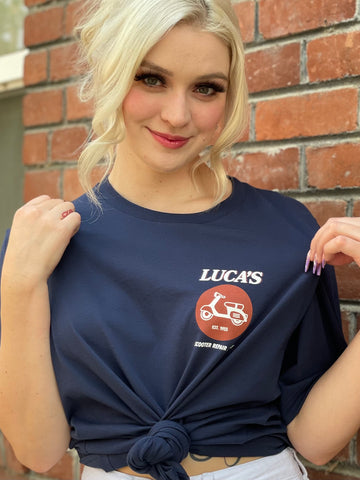 Luca Shirt - Luca's Scooter Repair Shop Navy Tee (front & back)
