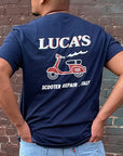 Luca Shirt - Luca's Scooter Repair Shop Navy Classic Fit Tee (front & back)