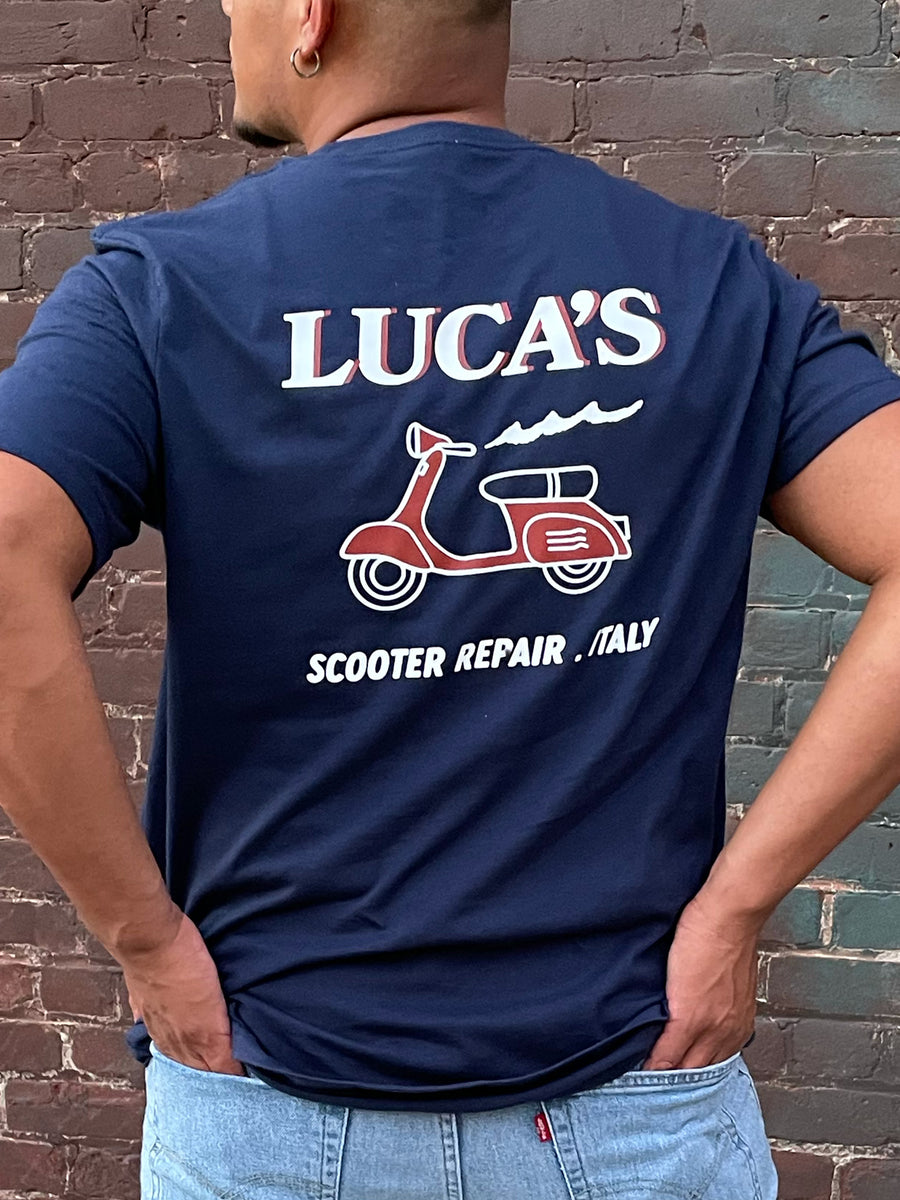 Luca Shirt - Luca's Scooter Repair Shop Navy Tee (front & back)
